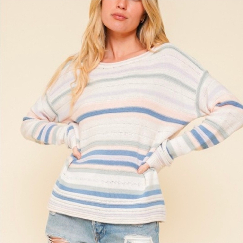 NWT Hem & Thread Pastel Striped Knit Sweater, Womens Large Oversized - Picture 1 of 7